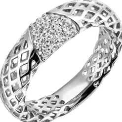 Ring mit 14 Zirkonia weiß 925 Silber rhodiniert Damenring glänzend Netz-Muster