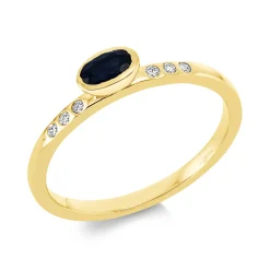 Ring Oval aus 750 Gelbgold Saphir 0,31ct blau 6 Brillanten 0,06ct TW-SI B:3,9mm