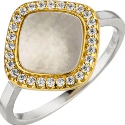 Ring Quadrat mit Perlmutt weiße Zirkonia, 925 Silber, rhodiniert teilvergoldet