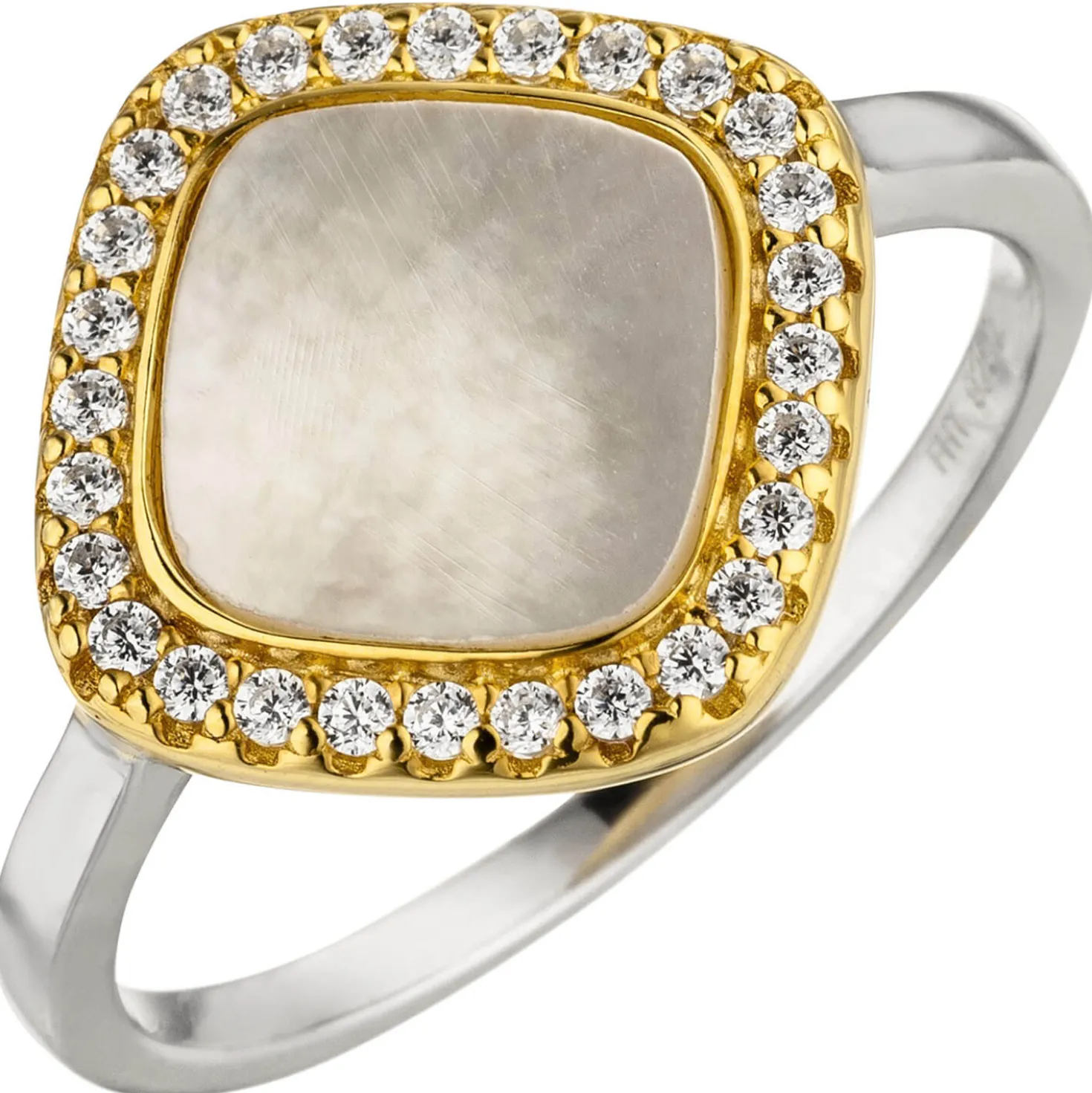 Ring Quadrat mit Perlmutt weiße Zirkonia, 925 Silber, rhodiniert teilvergoldet