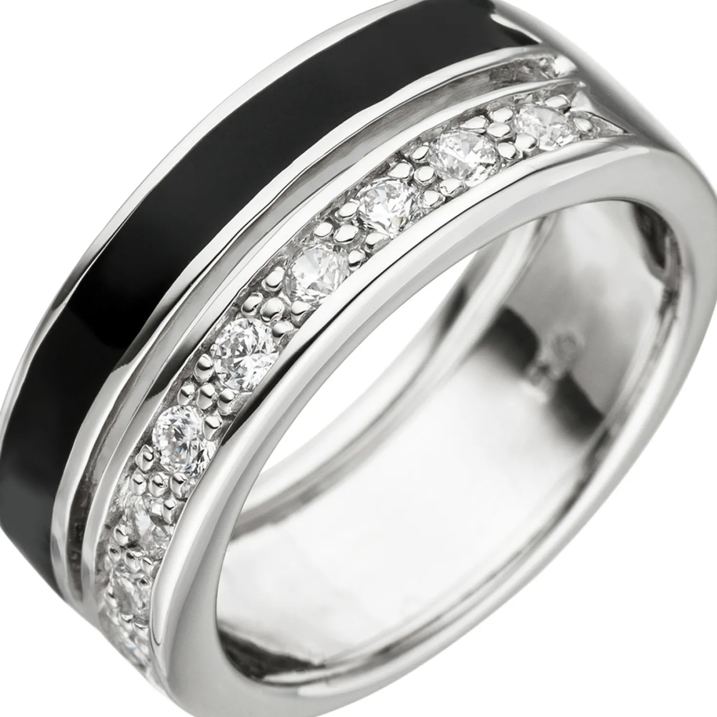 Ring 2-reihig mit Zirkonia weiß & Lackeinlage schwarz, 925 Silber Fingerschmuck