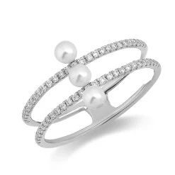 Ring 2-reihig 750 Weißgold 3 Süßwasser-Perlen 3mm weiß mit Brillanten B:10,2mm