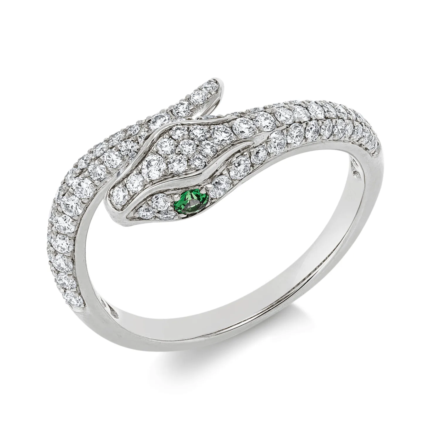 Ring Schlange 750 Weißgold 2 Tsavorithe 0,07ct grün 80 Brillanten 0,58ct F-VSI