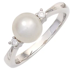 Ring Süßwasser Perle weiß & 2 Diamanten 0.08Ct W/SI Brillanten 585 Gold Weißgold