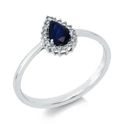 Ring Tropfen aus 750 Weißgold Saphir 0,46ct blau 18 Diamanten 0,09ct TW-SI B:9mm