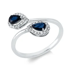 Ring Tropfen aus 750 Weißgold 2 Saphire 0,55ct blau 32 Brillanten 0,16ct TW-SI