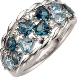 Ring 585 Weißgold 10 Blautopase hellblau blau & 8 Diamanten 0.08Ct