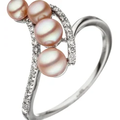 Ring 585 Weißgold 24 Brillanten 0.16Ct & 4 Süßwasser Zuchtperlen rosa