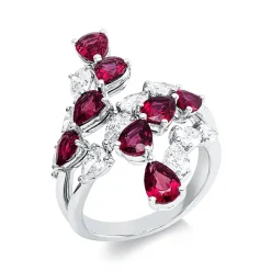 Ring 750 Weißgold 8 Rubine 3,06ct rot 10 Diamanten Tropfen-Schliff 1,4ct F-VVS/VS