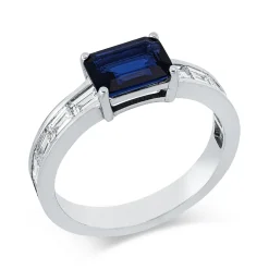 Ring 750 Weißgold Saphir 1,36ct blau 10 Diamanten Baguette-Schliff 0,79ct F-VSI