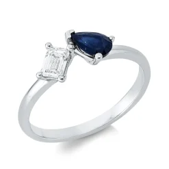 Ring 750 Weißgold Saphir 0,46ct blau Diamant Smaragd-Schliff 0,31ct TW-SI B:6,3mm