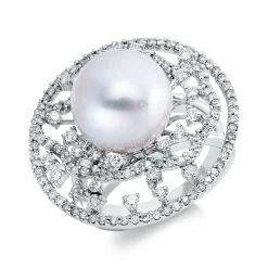 Ring 750 Weißgold Südsee-Perle 12,5mm weiß 140 Brillanten 1,36ct F-SI B:25,9mm