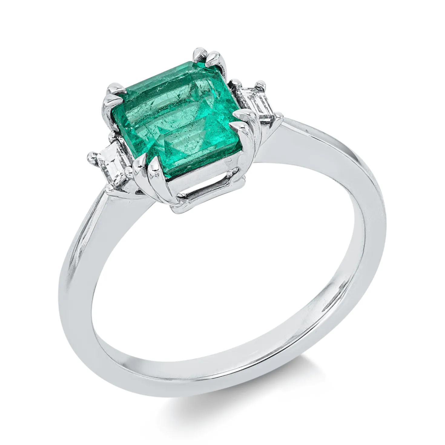 Ring 750 Weißgold Smaragd 1,71ct grün 2 Diamanten Baguette-Schliff 0,12ct TW-VSI