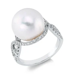 Ring 750 Weißgold Süßwasser-Perle 12,1mm weiß 68 Brillanten 0,5ct F-SI B:14,6mm
