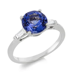 Ring 585 Weißgold Tansanit 2,3ct blau 2 Diamanten Baguette-Schliff 0,23ct TW-SI