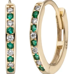 Schmale Creolen 1,6x12,2mm aus 333 Gelbgold mit 20 Zirkonia grün weiß oval