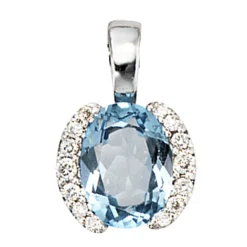Schmuck Anhänger 8,9x13,3mm 585 Weißgold Blautopas & 14 Diamanten 0.09Ct