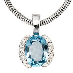 Schmuck Anhänger 8,9x13,3mm 585 Weißgold Blautopas & 14 Diamanten 0.09Ct