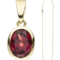 Schmuck-Set, Anhänger roter Granat auf 1,3mm Panzerkette 333 Gold Gelbgold, 50cm