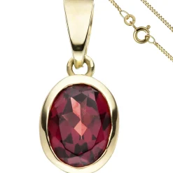 Schmuck-Set, Anhänger roter Granat auf 1,3mm Panzerkette 333 Gold Gelbgold, 50cm