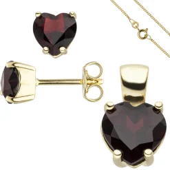 Schmuck-Set aus 333 Gold Gelbgold Granat-Herzen Ohrstecker Anhänger Kette 42cm