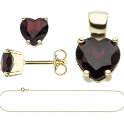 Schmuck-Set aus 333 Gold Gelbgold Granat-Herzen Ohrstecker Anhänger Kette 42cm