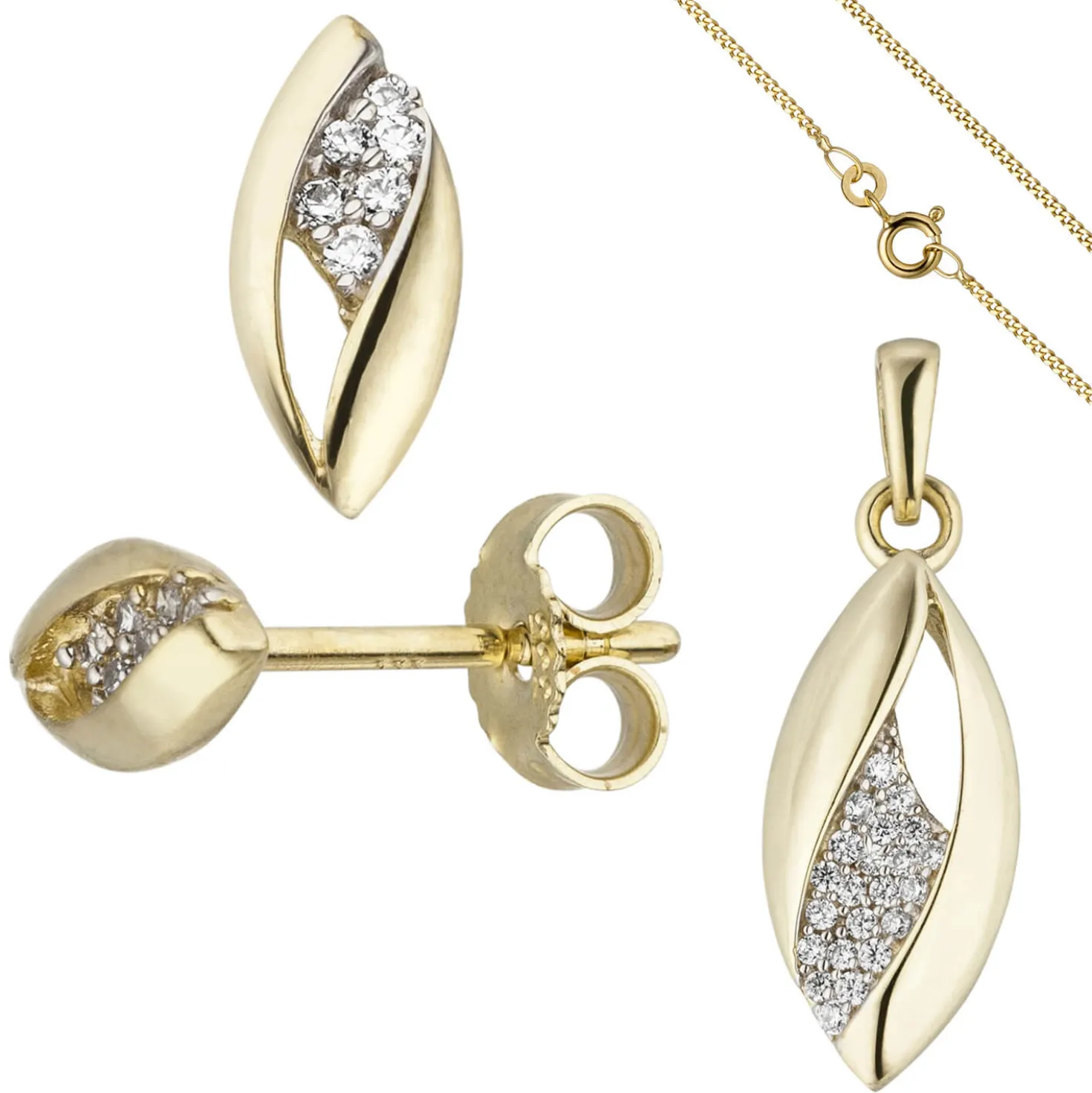 Schmuck-Set aus 333 Gold Gelbgold mit Zirkonia Ohrstecker Anhänger Kette 42cm