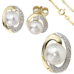 Schmuck-Set 585 Gelbgold 3 Perlen Diamanten 0.01Ct Ohrringe Anhänger Kette 45cm