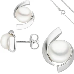 Schmuck-Set 333 Gold Weißgold Süßwasser Perlen Ohrstecker Anhänger Kette 45cm