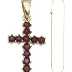 Schmuck-Set, Kreuz mit roten Granaten 1,3mm Panzerkette 333 Gold Gelbgold, 50cm