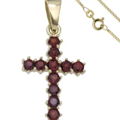 Schmuck-Set, Kreuz mit roten Granaten 1,3mm Panzerkette 333 Gold Gelbgold, 50cm