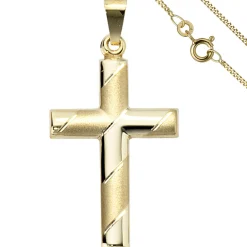 Schmuck-Set, Kreuz mit Streifen auf 1,3mm Panzerkette 333 Gold Gelbgold, 45cm