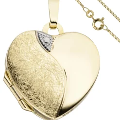 Schmuck-Set, Medaillon Herz für 2 Fotos 1,3mm Panzerkette 333 Gold Gelbgold 45cm