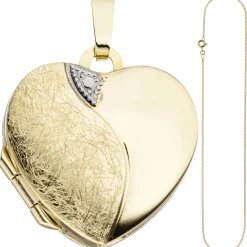 Schmuck-Set, Medaillon Herz für 2 Fotos 1,3mm Panzerkette 333 Gold Gelbgold 50cm