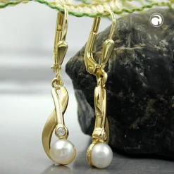 Schöne Ohrhänger 30x6mm Ohrringe Brisur aus 375 Gelbgold & Süßwasser-Perlen
