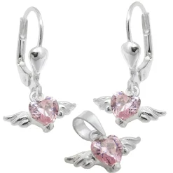 Set, Anhänger & Ohrringe, Herz aus Zirkonia pink mit Flügeln, 925 Silber