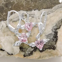 Set, Anhänger & Ohrringe, Herz aus Zirkonia pink mit Flügeln, 925 Silber