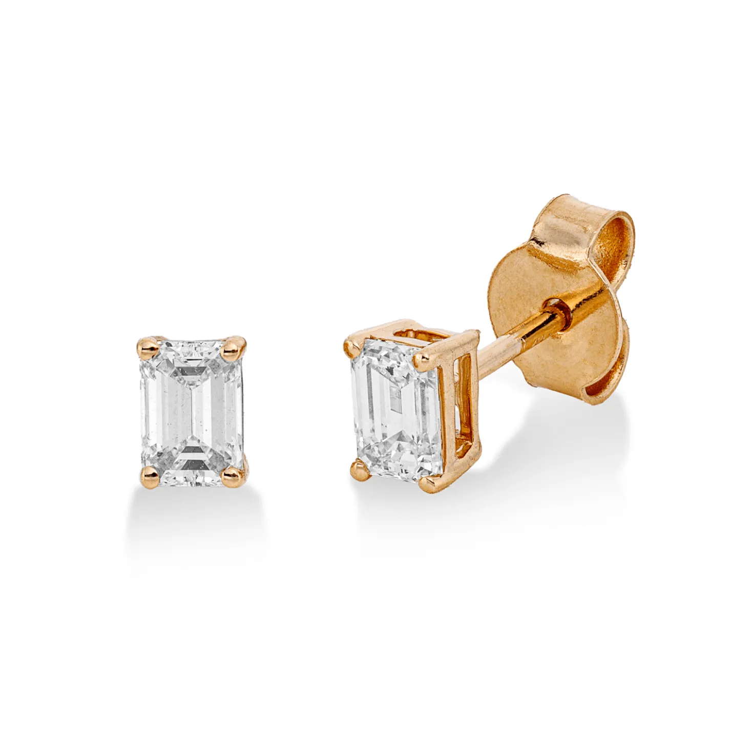 Solitaire Ohrstecker aus 750 Gelbgold 2 Diamanten Smaragd-Schliff 0,6ct E-VSI