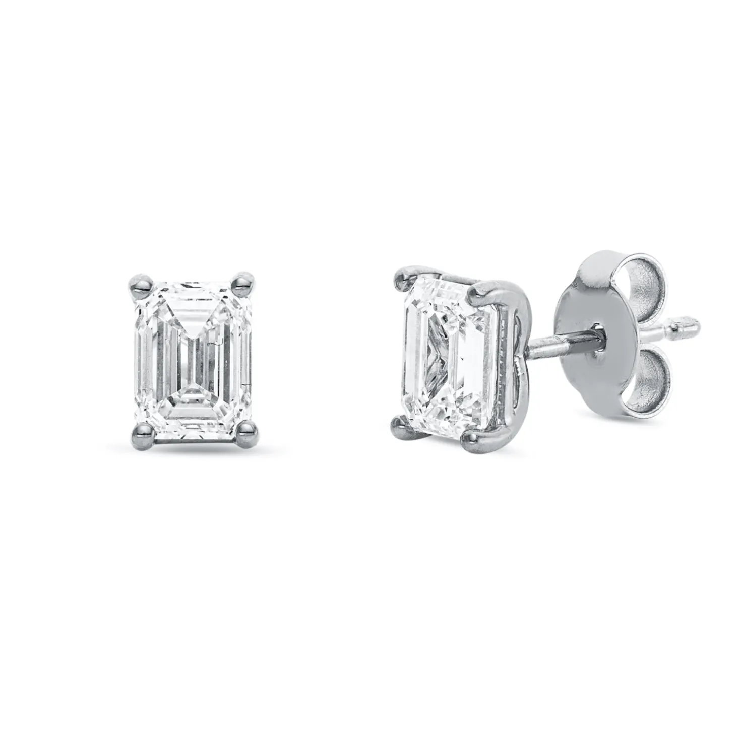 Solitaire Ohrstecker aus 750 Weißgold 2 Diamanten Smaragd-Schliff 2ct TW-VSI