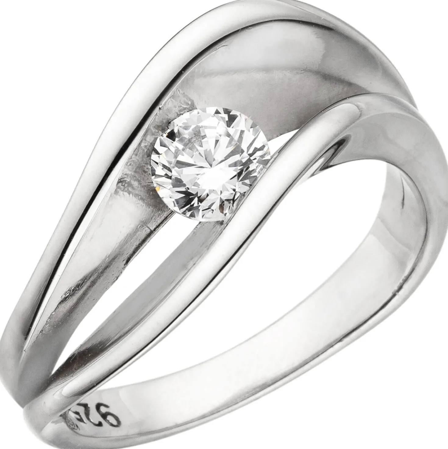 Solitaire Ring aus 925 Silber mit Zirkonia weiß Fingerring gewellt rhodiniert
