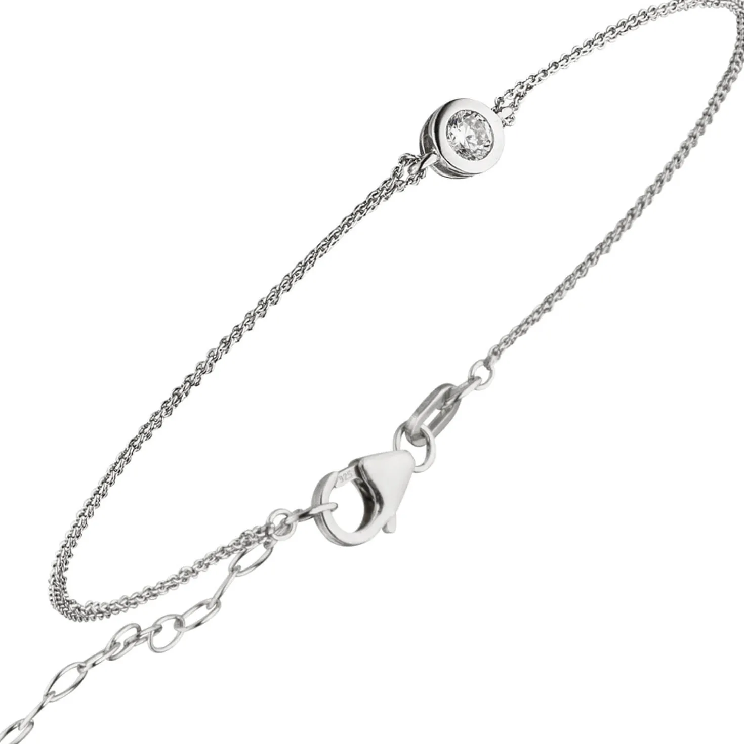 Solitär Armband Ankerkette 2-reihig mit Zirkonia Anhänger 925 Silber 16-19cm