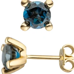 Solitär Ohrstecker Ohrschmuck mit Blautopas blau London Blue, 585 Gold Gelbgold