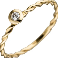 Solitär Ring Diamant 0.05Ct W/SI Brillant 585 Gold Gelbgold gedreht Fingerring