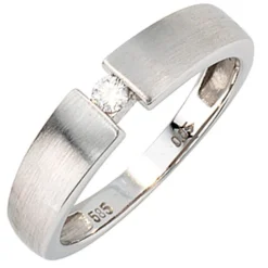 Solitär Spannring Ring Diamant Brillant 0,05 Ct W/P1 585 Gold Weißgold mattiert