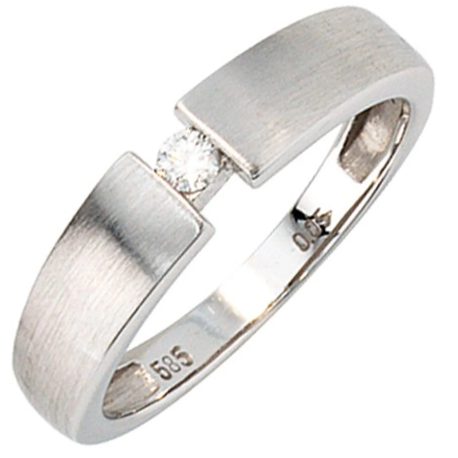 Solitär Spannring Ring Diamant Brillant 0,05 Ct W/P1 585 Gold Weißgold mattiert