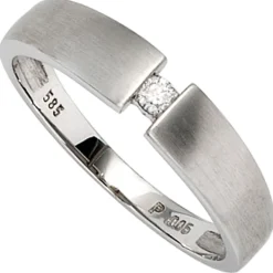 Solitär Spannring Ring Diamant Brillant 0,05 Ct W/P1 585 Gold Weißgold mattiert