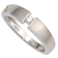 Solitär Spannring Ring Diamant Brillant 0,05 Ct W/P1 585 Gold Weißgold mattiert