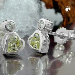 Stecker Ohrstecker Herz, Zirkonia & Peridot hellgrün, 925 Silber