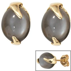 Stecker Ohrstecker mit Mondstein grau, 585 Gold Gelbgold, oval, Damen