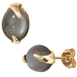 Stecker Ohrstecker mit Mondstein grau, 585 Gold Gelbgold, oval, Damen